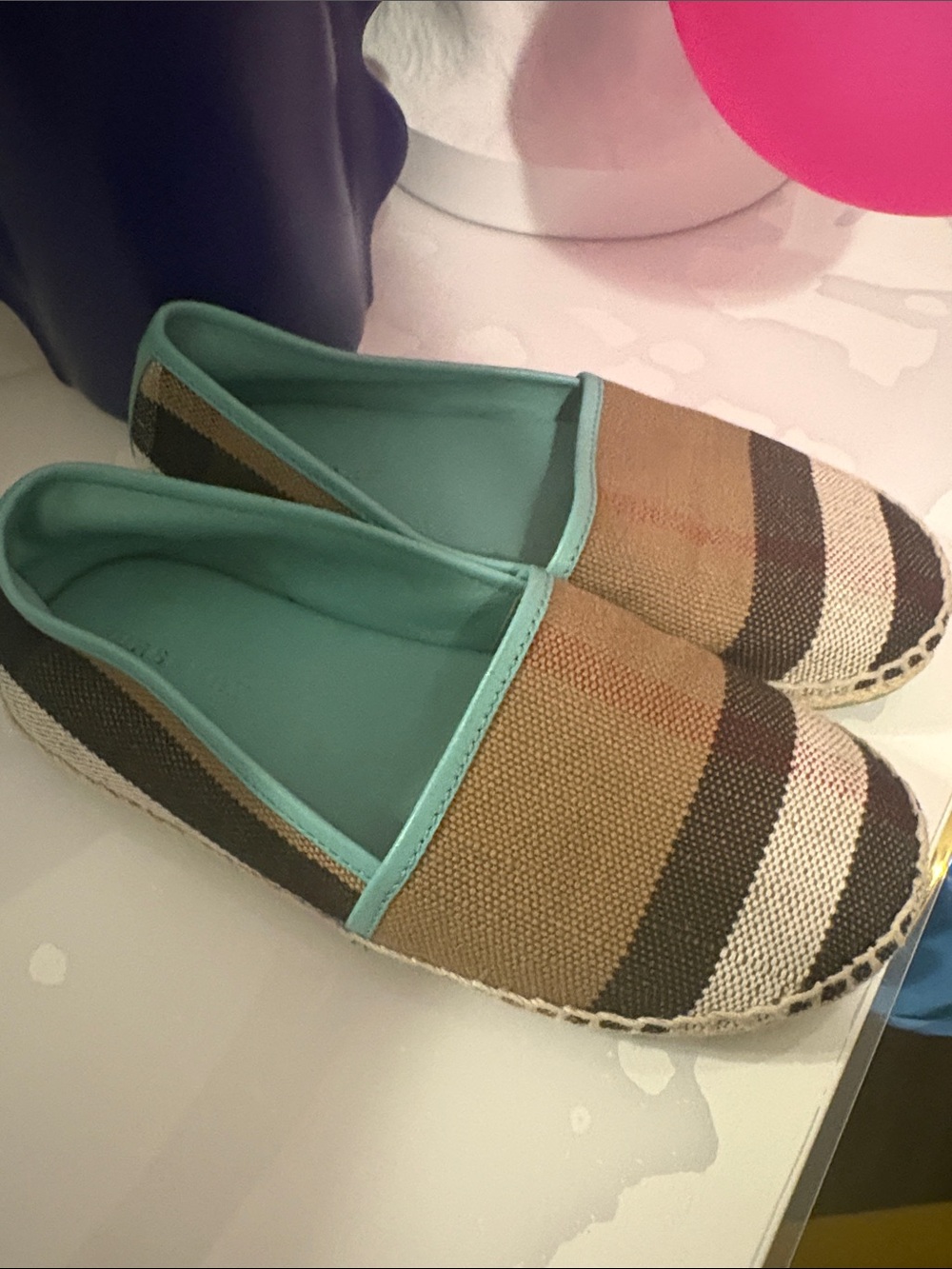 Authentic Burberry Striped Canvas Espadrilles with Teal Trim kids